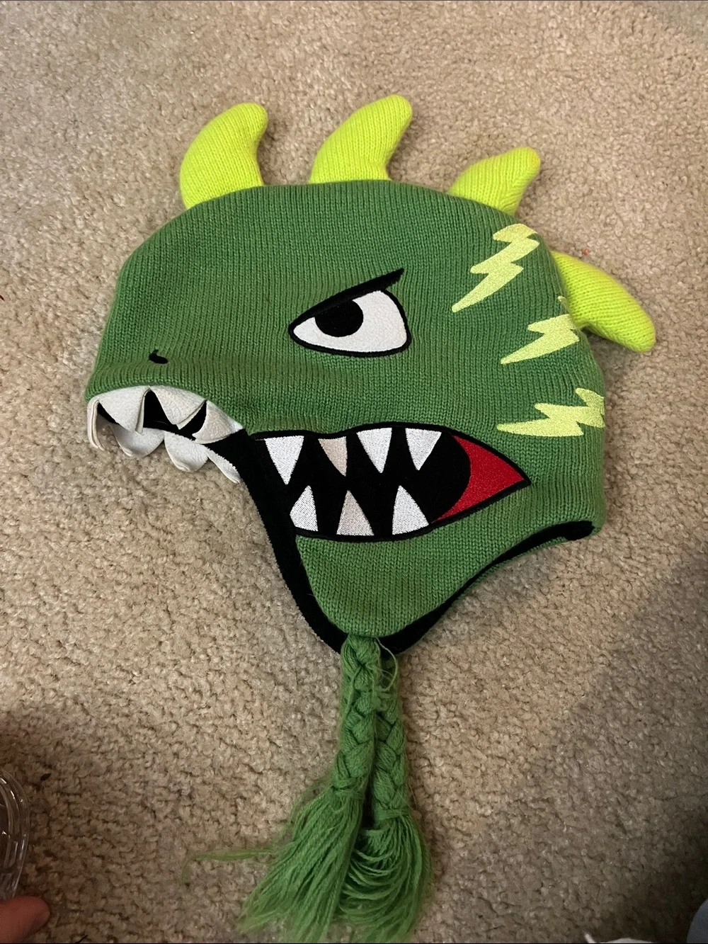 Green Monster Knit Earflap Hat with Neon Spikes